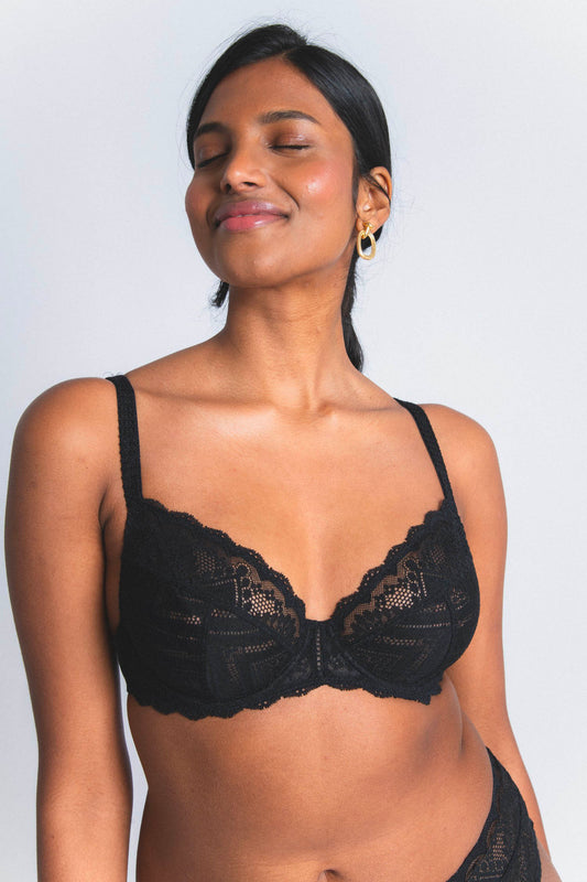 VERTIGE : Soutien-gorge avec armatures grande taille en dentelle jacquard graphique noir